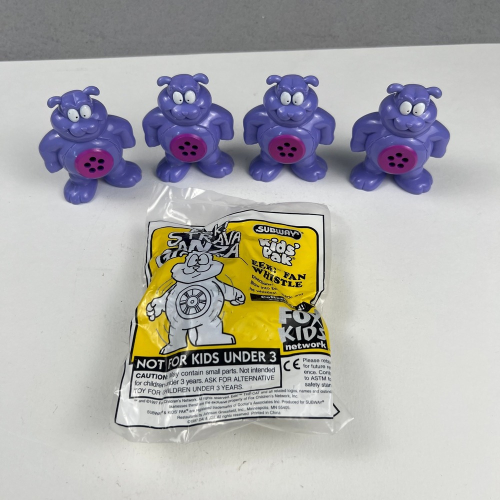 Eek The Cat Whistle Toy Subway Purple 1997 Fox Kids Vintage Lot of 4 Sensory